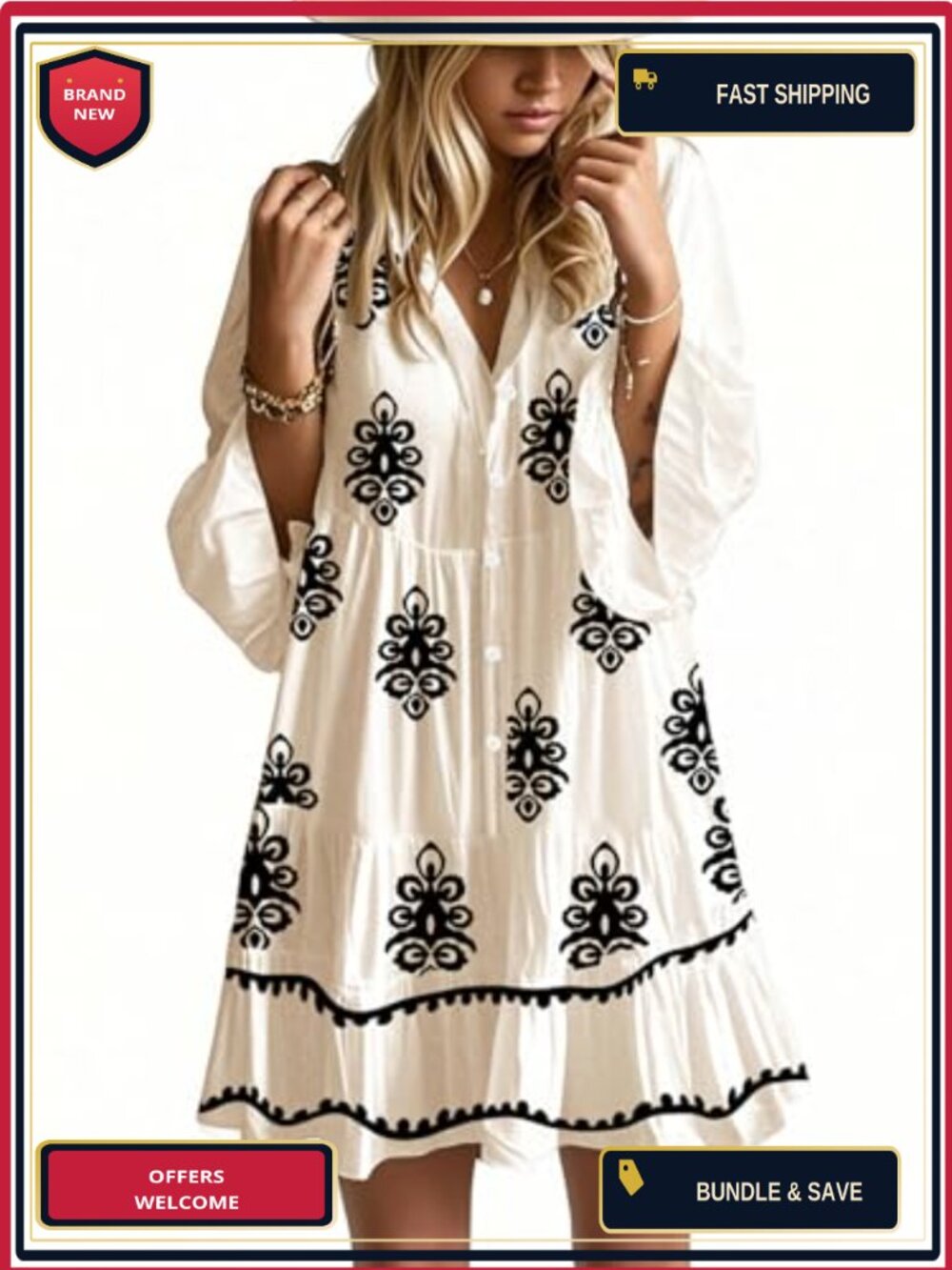 Flowy Ruffle 3/4 Bell Sleeve V-Neck Tiered Casual Boho Floral Beach Mini Dress